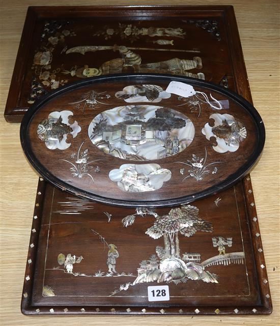 Three Chinese mother of pearl inlaid panels largest 47cm